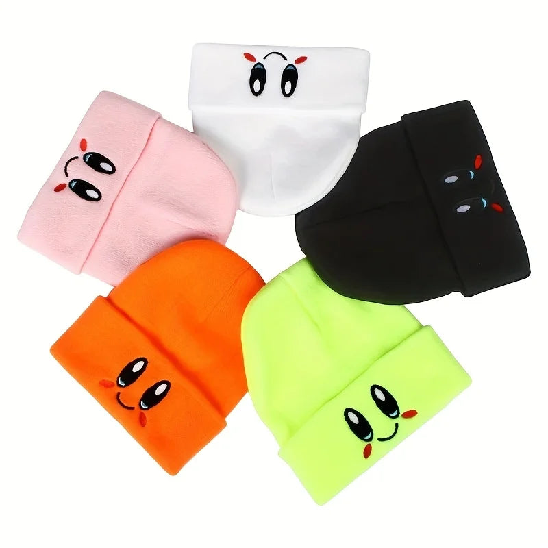 Gorros elásticos bordados com olhos grandes, gorros de caveira de malha de desenho animado feminino, chapéus quentes de hip hop para inverno, chapéus masculinos de couro de melão com friso