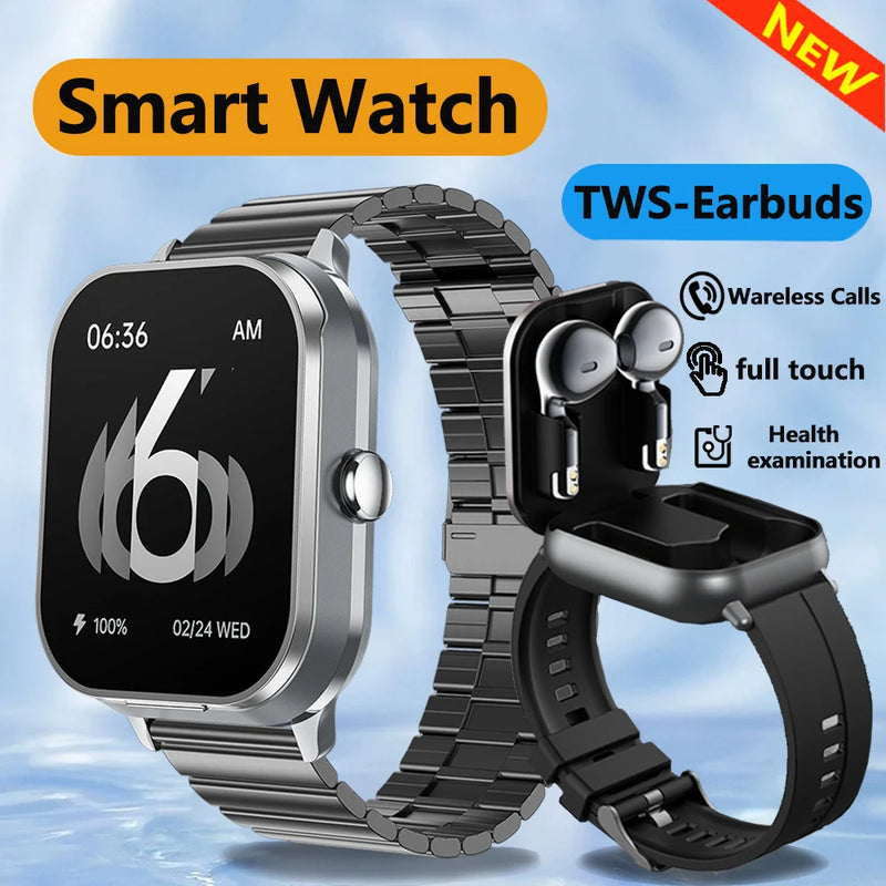 2024 NOVO Fone de ouvido Smart Watch TWS Dois em um sem fio Bluetooth Fone de ouvido duplo Chamada Saúde Pressão arterial Esporte BT Música Smartwatch